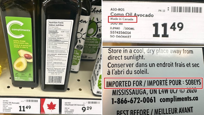 Une bouteille d'huile d'avocat sur une étagère. 