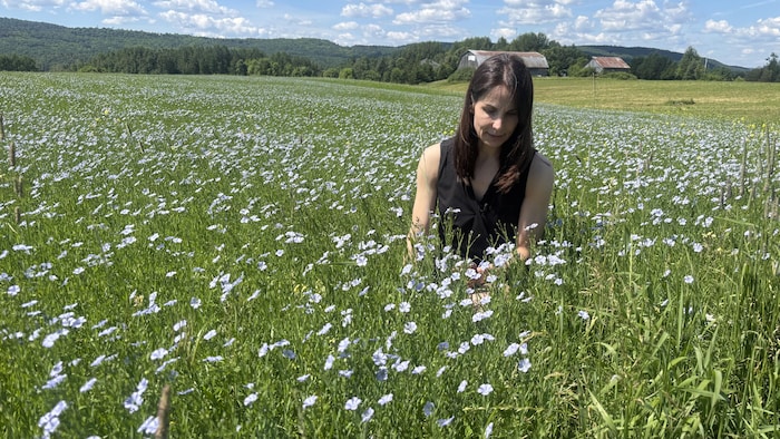 Une femme aux cheveux bruns, vêtue d'un haut noir, est agenouillée dans un vaste champ vert parsemé de petites fleurs bleu clair. En arrière-plan, on aperçoit des bâtiments de ferme et des collines boisées sous un ciel bleu nuageux.