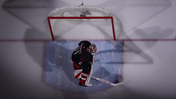 Vue en plongée verticale du gardien Frederik Andersen, vêtu d'un uniforme noir à accents rouges et blancs, immobile dans son territoire bleu face à la cage de but. La structure rouge du filet et la silhouette du joueur projettent de grandes ombres nettes sur la glace blanche, traversée horizontalement par une large ligne rouge.