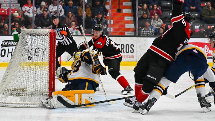 Samuel Beauchemin regarde la rondelle dans le filet adverse sous l'oeil de l'arbitre pendant qu'un joueur des Huskies lève un bras pour célébrer le but.