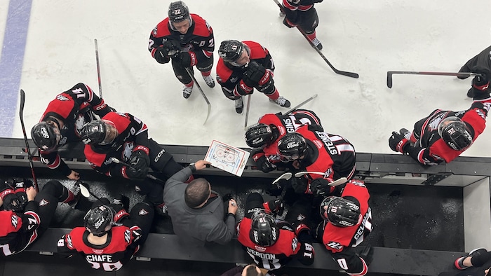 Des joueurs des Huskies au banc lors d'un temps d'arrêt.