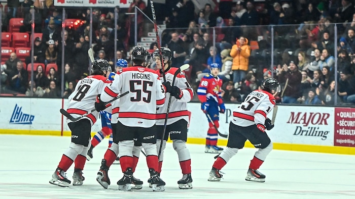 Des joueurs de hockey célèbrent sur la patinoire. 