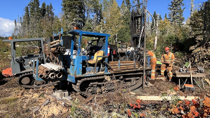 Des travailleurs forestiers travaillent sur de la machinerie dans la forêt. 