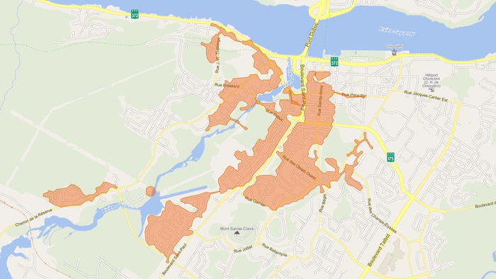 Une carte montrant les secteurs touchés par une panne de courant à Chicoutimi.