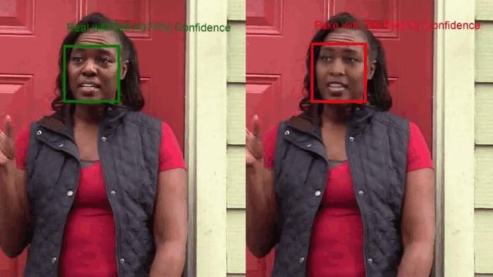 Deux images identiques, côte-à-côte, à l'exception du visage de la personne sur la photo. Les visages sont entourés d'un carré rouge et d'un carré vert.