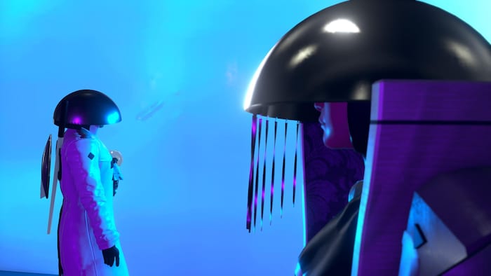 Two science fiction characters face each other.
