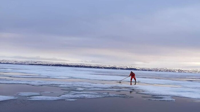 Un chasseur chasse un phoque sur la glace, en juin 2022.