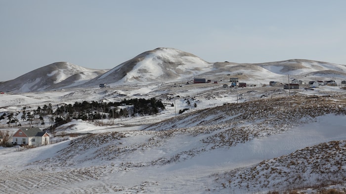 Un paysage vallonné de l'île d'Entrée durant l'hiver.