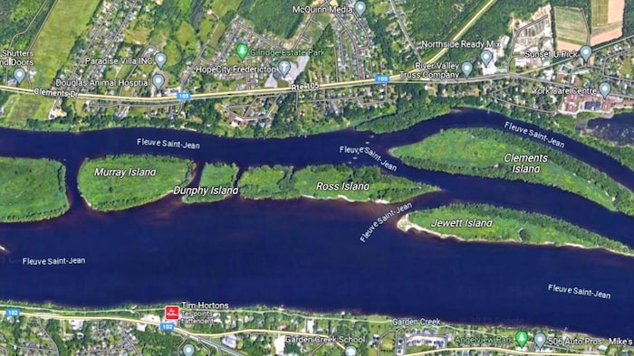 Capture d'écran d'une photo prise par satellite d'un groupe d'îles dans le fleuve Saint-Jean, publiée par Google Maps.