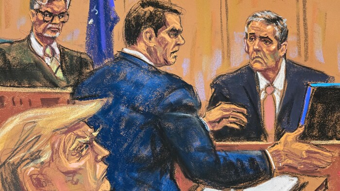 Illustration montrant l'avocat Todd Blanche contre-interrogeant Michael Cohen, sous le regard de Donald Trump et du juge Juan Merchan.