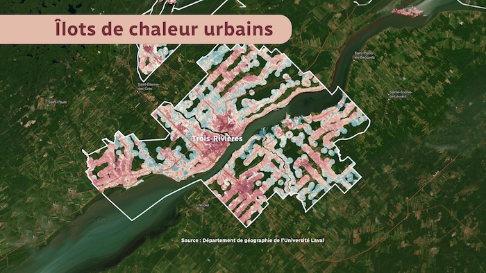 Carte satellite montrant les ilots de chaleur à Trois-Rivières