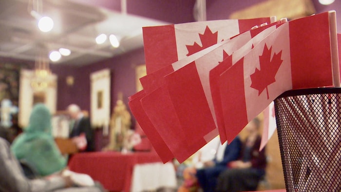 Des drapeaux du Canada lors d'une cérémonie de citoyenneté à Saskatoon, en Saskatchewan, le 24 mai 2023.