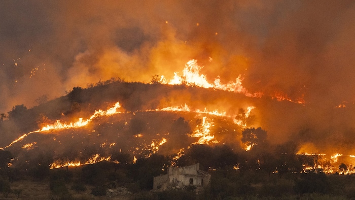 Des flammes et de la fumée s’élèvent dans le ciel.