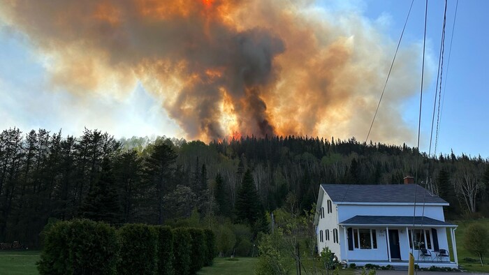 Une maison avec une forêt en feu à l'arrière.