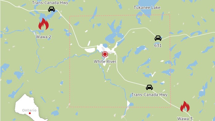 Carte sur laquelle on voit la ville de White River et les feux Wawa deux et trois.
