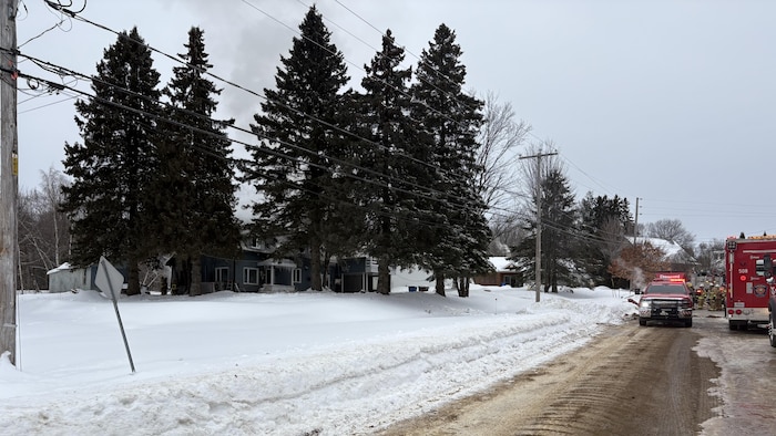 Une résidence est située derrière des sapins en bordure d’une rue en hiver. Des camions de pompiers sont stationnés dans la rue.