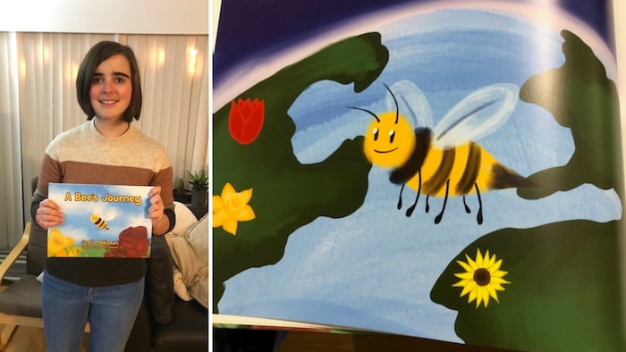 Une adolescente tient un livre dans ses mains. Détail d'une des pages du livre : un dessin d'abeille.