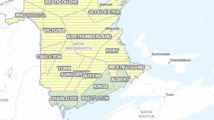 Une carte du Nouveau-Brunswick divisée en comtés. 