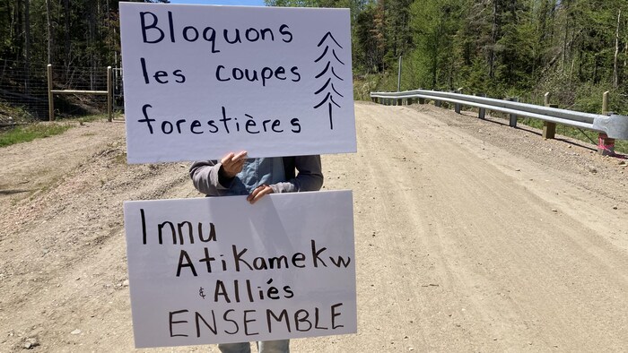 Un homme tient deux affiches en forêt.