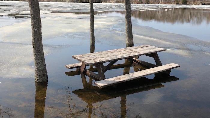 Une table de pique-nique entourée d’eau.