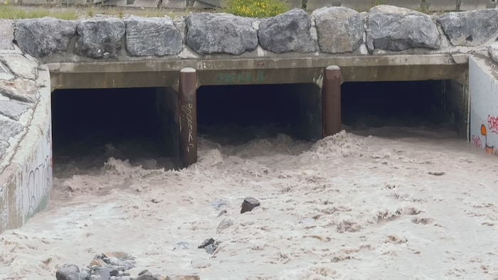 Un fort courant d'eau boueuse et tumultueuse jaillit rapidement à la sortie de trois grands ponceaux en béton surmontés de rochers.
