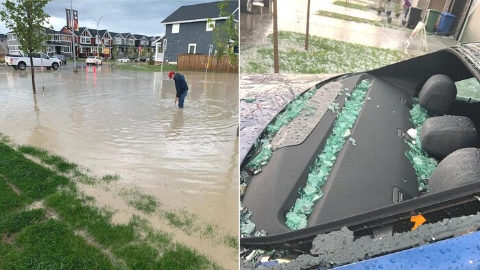 Il s'agit d'un montage photo. À gauche se trouve un homme dévoué dans une rue inondée. À droite, on voit une image d'une voiture dont la vitre arrière a explosé.