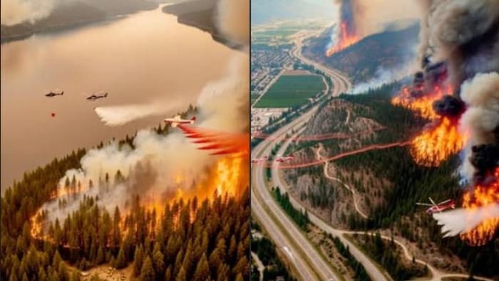 Des images de grands feux de forêt et des bombardiers d'eau et des hélicoptères.
