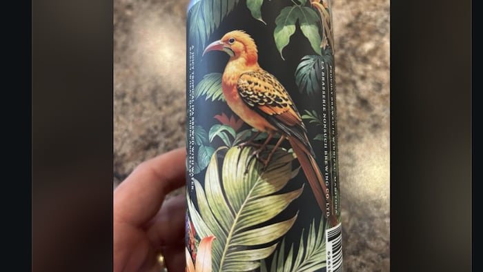 La canette de bière où figure un oiseau à trois pattes généré par intelligence artificielle.