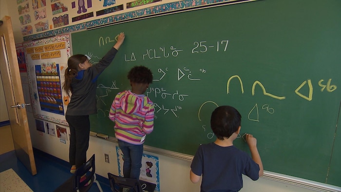 Des élèves écrivent au tableau en inuktitut.