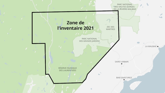 Carte de délimitation qui passe dans la réserve faunique des Laurentides, le parc national des Grands-Jardins, la ZEC des Martres et une petite partie du parc national des Hautes-Gorges-de-la-Rivière-Malbaie.