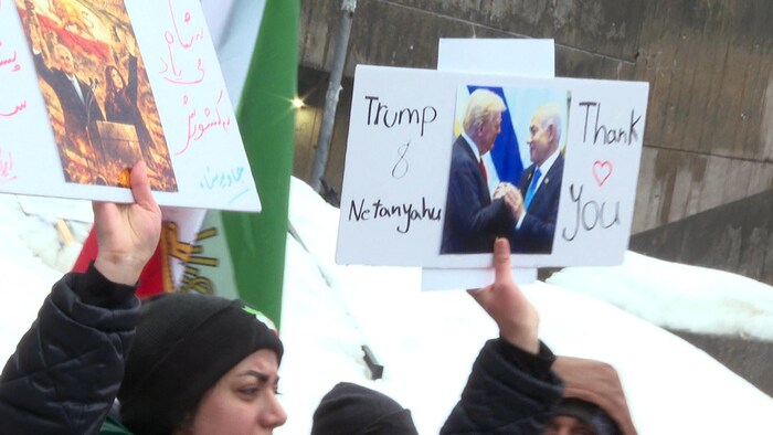 Une femme dans une manifestation avec une affiche de Donald Trump et Benyamin Nétanyahou et les mots «Thank You».