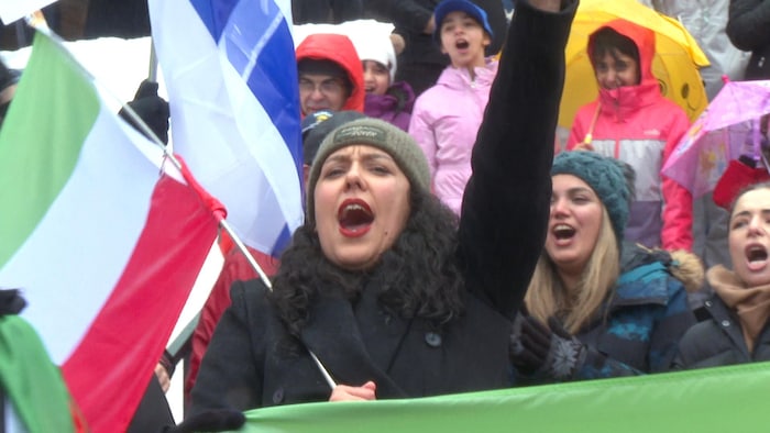 Une femme lève le poing. Derrière elle, une foule qui crie et agite des drapeaux de l'Iran.