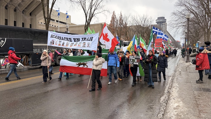 Des personnes marchent dans la rue avec des affiches et des drapeaux.