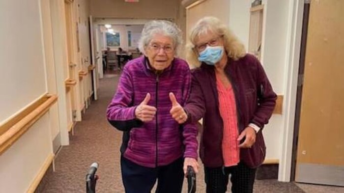 Irene Fraser, left, pictured with her daughter-in-law Janet Fraser, had to go to an emergency room in Hamilton for a broken hip in mid-June, a few days after this photo was taken. She is 100 years old.