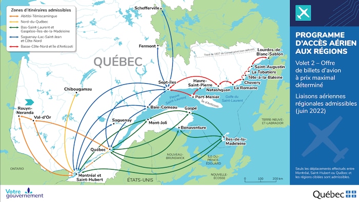 Une carte du Québec sur laquelle sont tracés les itinéraires admissibles.