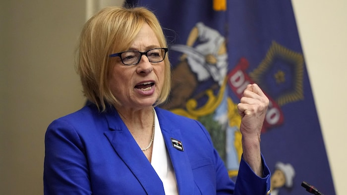La gouverneure démocrate du Maine, Janet Mills, prononce un discours, le 30 janvier 2024, au State House à Augusta.