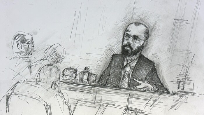 Un dessin d'une personne au visage tatoué témoigne dans une salle d'audience de la Cour du Banc du Roi.