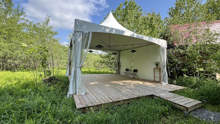 Le  chapiteau est en pleine nature, dans des herbes hautes, parmi les arbres.