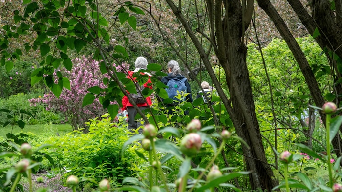 Des visiteurs des Jardins de Métis avec des fleurs en avant-plan.