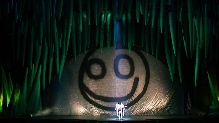 Un artiste sur scène dans un décor de forêt sur lequel est dessiné un bonhomme sourire.