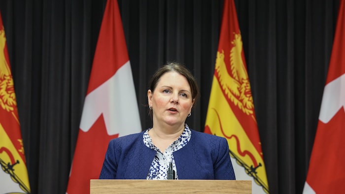 La Dre Jennifer Russell en conférence de presse devant les drapeaux du Nouveau-Brunswick et du Canada.