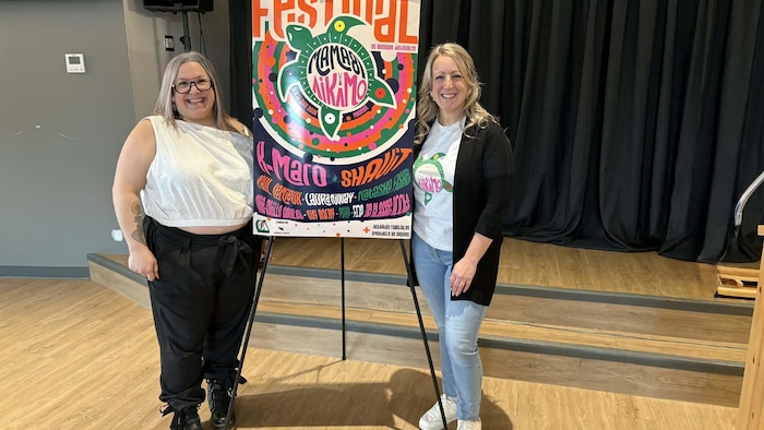 Jenny Corriveau et Emmanuelle Morin debout à coté d'une affiche de festival.  