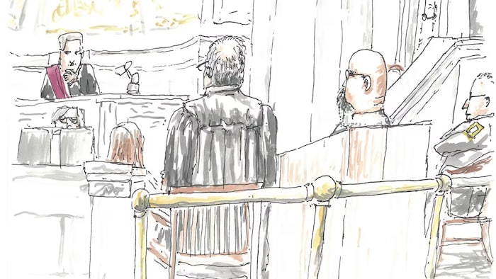 Jeremy Skibicki assis en silence dans le box des accusés, près de ses avocats, le premier jour de son procès, le 29 avril 2024.