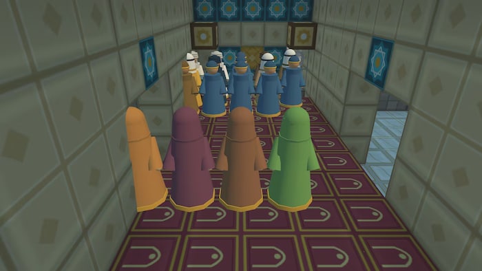 Un image du jeu « Khalifah », où des villageois se rassemblent pour prier lorsque retentit l'adhan.