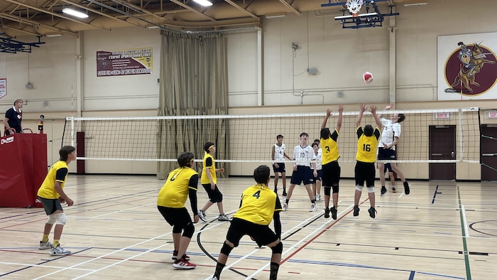Des joueurs de volleyball tentent de bloquer le ballon envoyé par l'équipe adverse.