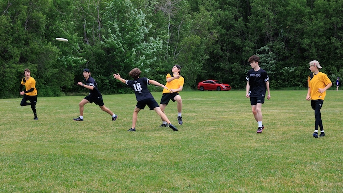 Des joueurs d'ultimates frisbee se disputent le disque.