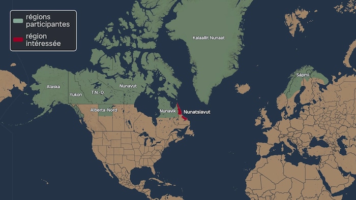 Une carte des régions participantes aux Jeux d'hiver de l'Arctique, avec le Nunatsiavut intéressé.