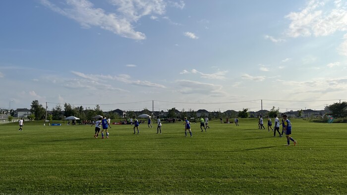 Des jeunes jouent au soccer sur un terrain gazonné.