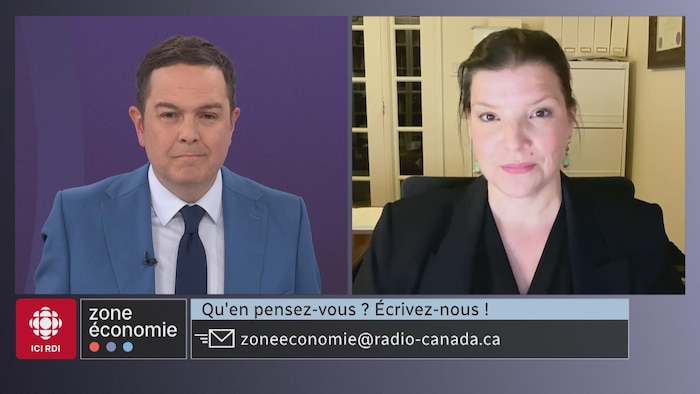 Une femme en entrevue avec Gérald Fillion.