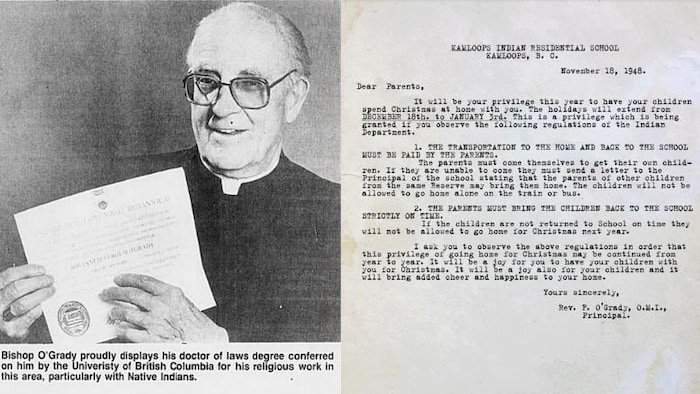L'évêque John Fergus O'Grady, à gauche. À droite, la lettre envoyée aux parents des élèves du pensionnat autochtone en 1948.
